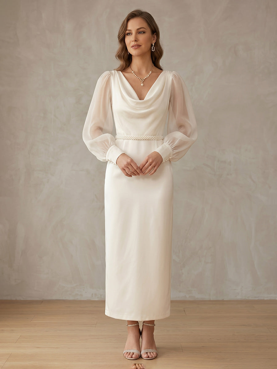 Robe de Cocktail Gaine/Colonne en Mousseline à Col Drapé Longueur de la Cheville Manches Longues Bouffantes