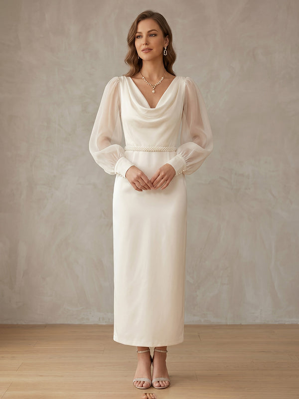 Robe de Cocktail Gaine/Colonne en Mousseline à Col Drapé Longueur de la Cheville Manches Longues Bouffantes