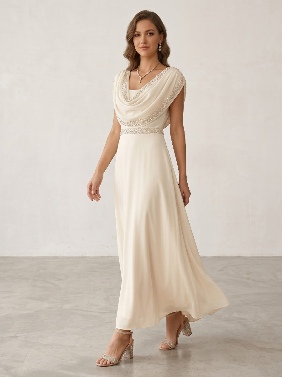 Robe de Cocktail Ligne A/Princesse en Mousseline à Col Drapé Longueur de la Cheville Manches Courtes avec Ceinture Strassée