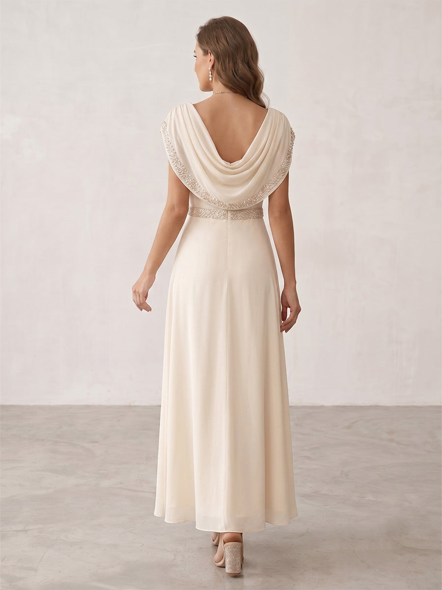 Robe de Cocktail Ligne A/Princesse en Mousseline à Col Drapé Longueur de la Cheville Manches Courtes avec Ceinture Strassée
