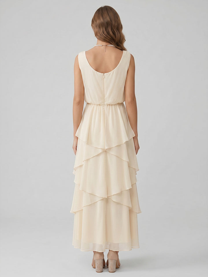 Robe de Cocktail Ligne A/Princesse en Mousseline à Col Drapé Longueur de la Cheville Sans Manches à Volants