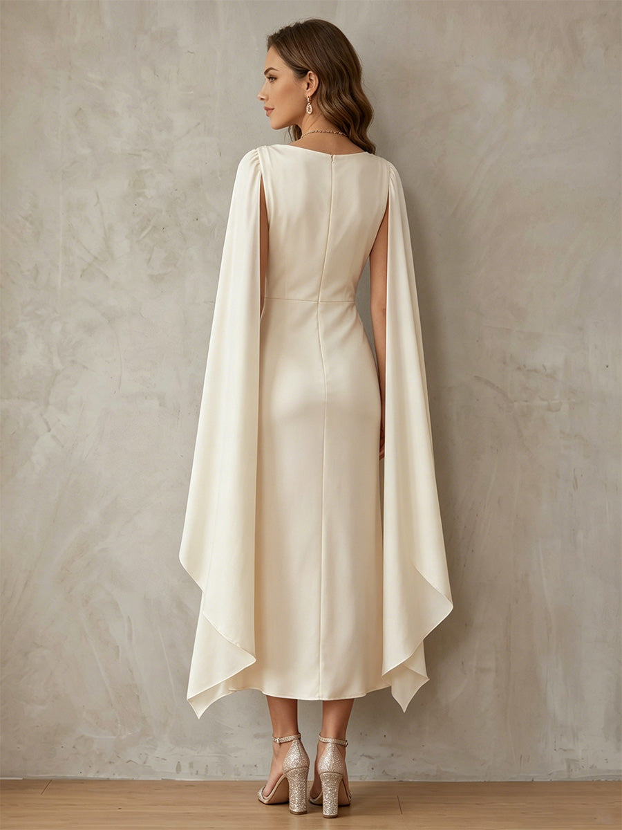 Robe de Cocktail Gaine/Colonne Manches Cape à Col Drapé Longueur Midi en Satin de Soie avec Fente Latérale