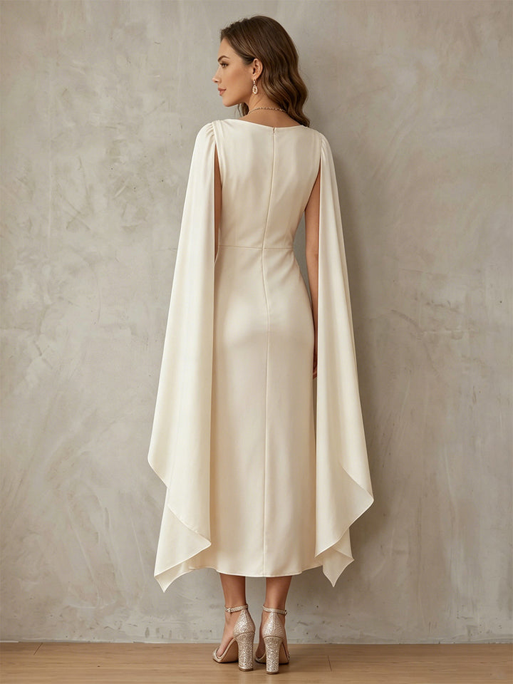 Robe de Cocktail Gaine/Colonne Manches Cape à Col Drapé Longueur Midi en Satin de Soie avec Fente Latérale