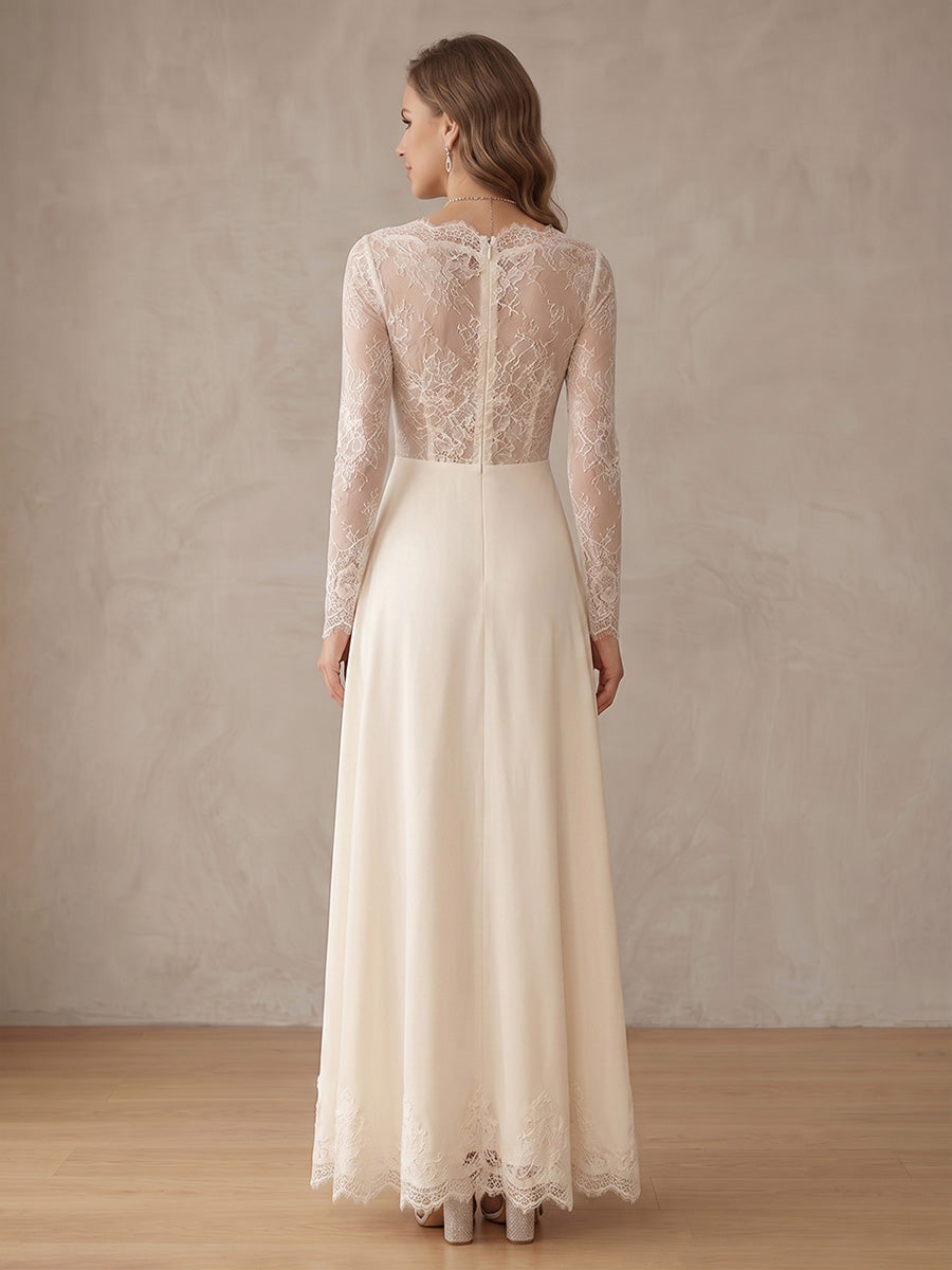 Robe de Cocktail Ligne A/Princesse en Mousseline à Col Drapé Longueur Cheville Manches Longues Dentelle