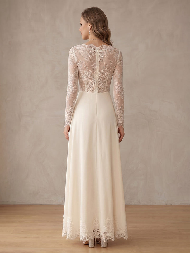 Robe de Cocktail Ligne A/Princesse en Mousseline à Col Drapé Longueur Cheville Manches Longues Dentelle