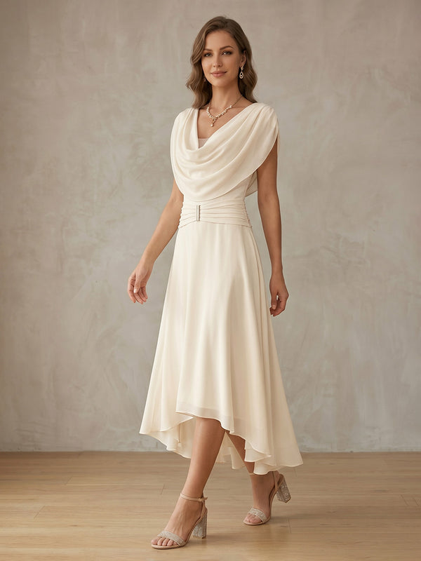 Robe de Cocktail Ligne A/Princesse en Mousseline à Col Drapé Longueur Haut-Bas Manches Courtes avec Ceinture