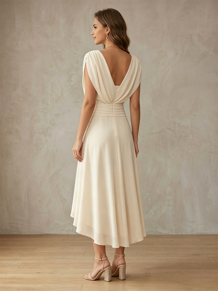 Robe de Cocktail Ligne A/Princesse en Mousseline à Col Drapé Longueur Haut-Bas Manches Courtes avec Ceinture