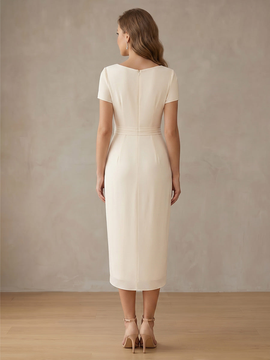 Robe de Cocktail Gaine/Colonne en Mousseline à Col Drapé Longueur Midi Manches Courtes à Volants