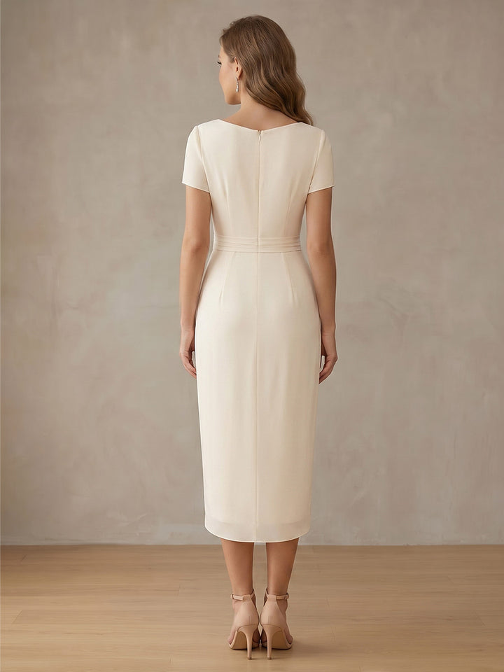 Robe de Cocktail Gaine/Colonne en Mousseline à Col Drapé Longueur Midi Manches Courtes à Volants