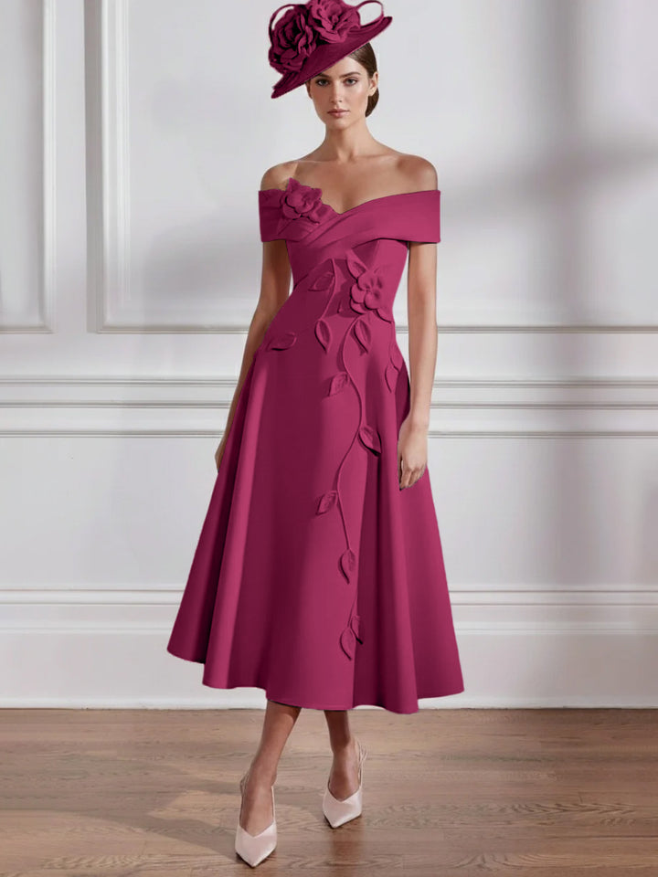 Robe Mère de la Mariée, Ligne A, Hors de l'épaule, Longueur Midi à Fleurs 3D, Sans Manches