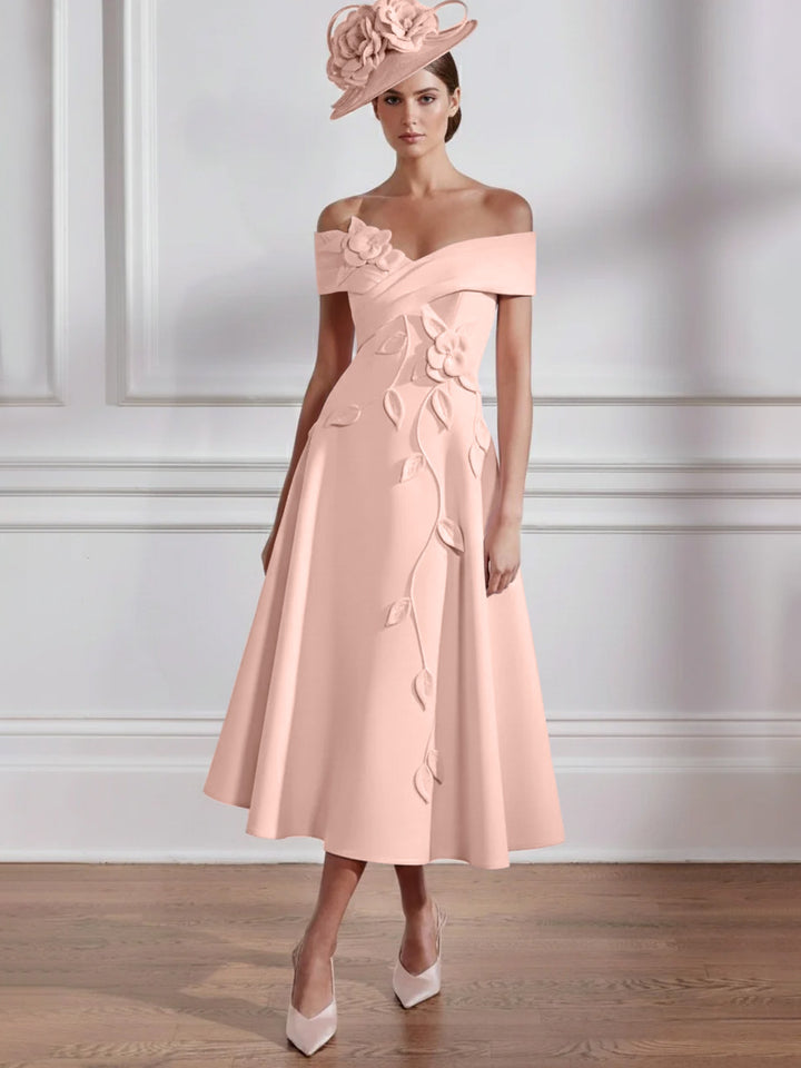 Robe Mère de la Mariée, Ligne A, Hors de l'épaule, Longueur Midi à Fleurs 3D, Sans Manches