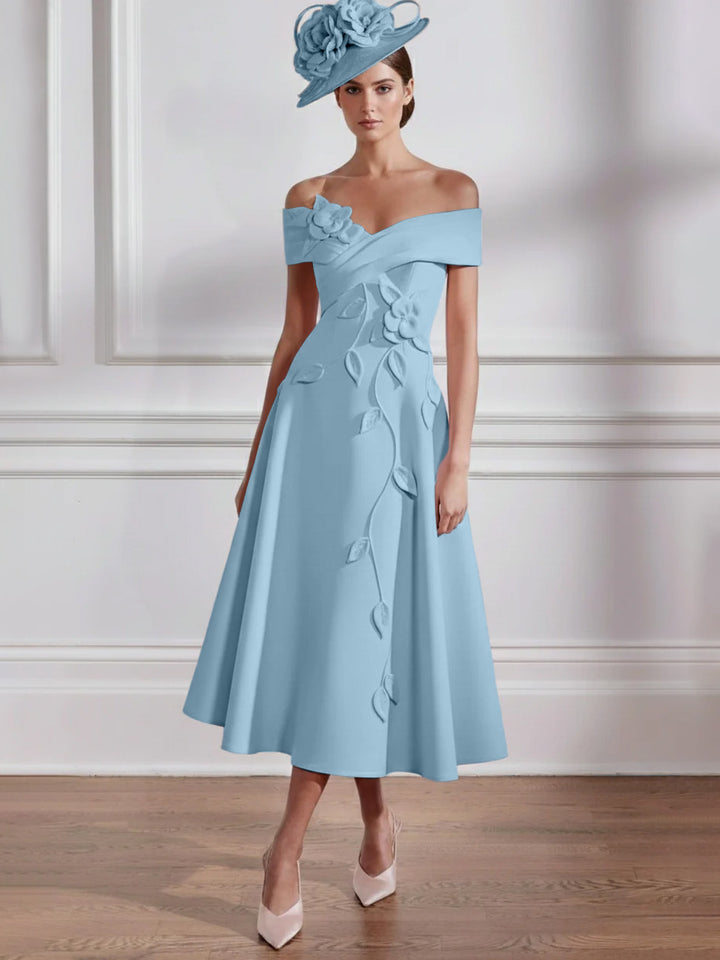 Robe Mère de la Mariée, Ligne A, Hors de l'épaule, Longueur Midi à Fleurs 3D, Sans Manches