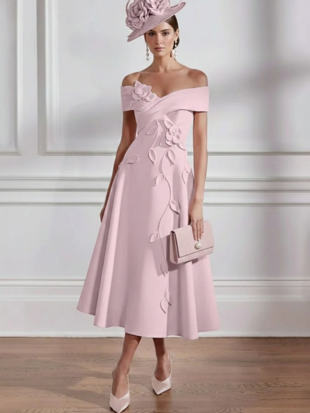 Robe mère de la mariée ligne A, manches tombantes, longueur midi à fleurs 3D
