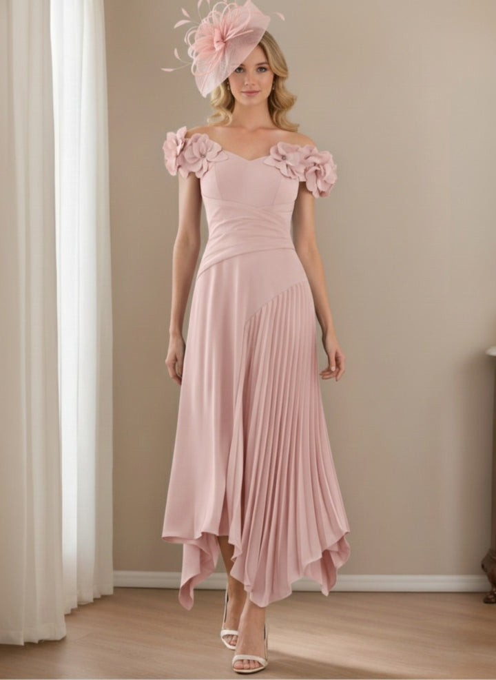Robes pour mère de la mariée, coupe A ou princesse, en mousseline florale, avec plissé asymétrique
