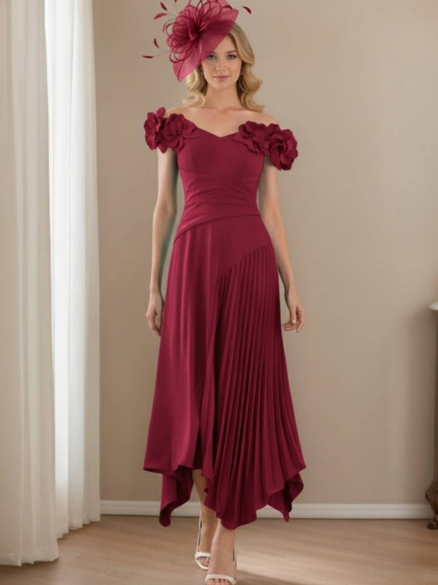 Robes pour mère de la mariée, coupe A ou princesse, en mousseline florale, avec plissé asymétrique