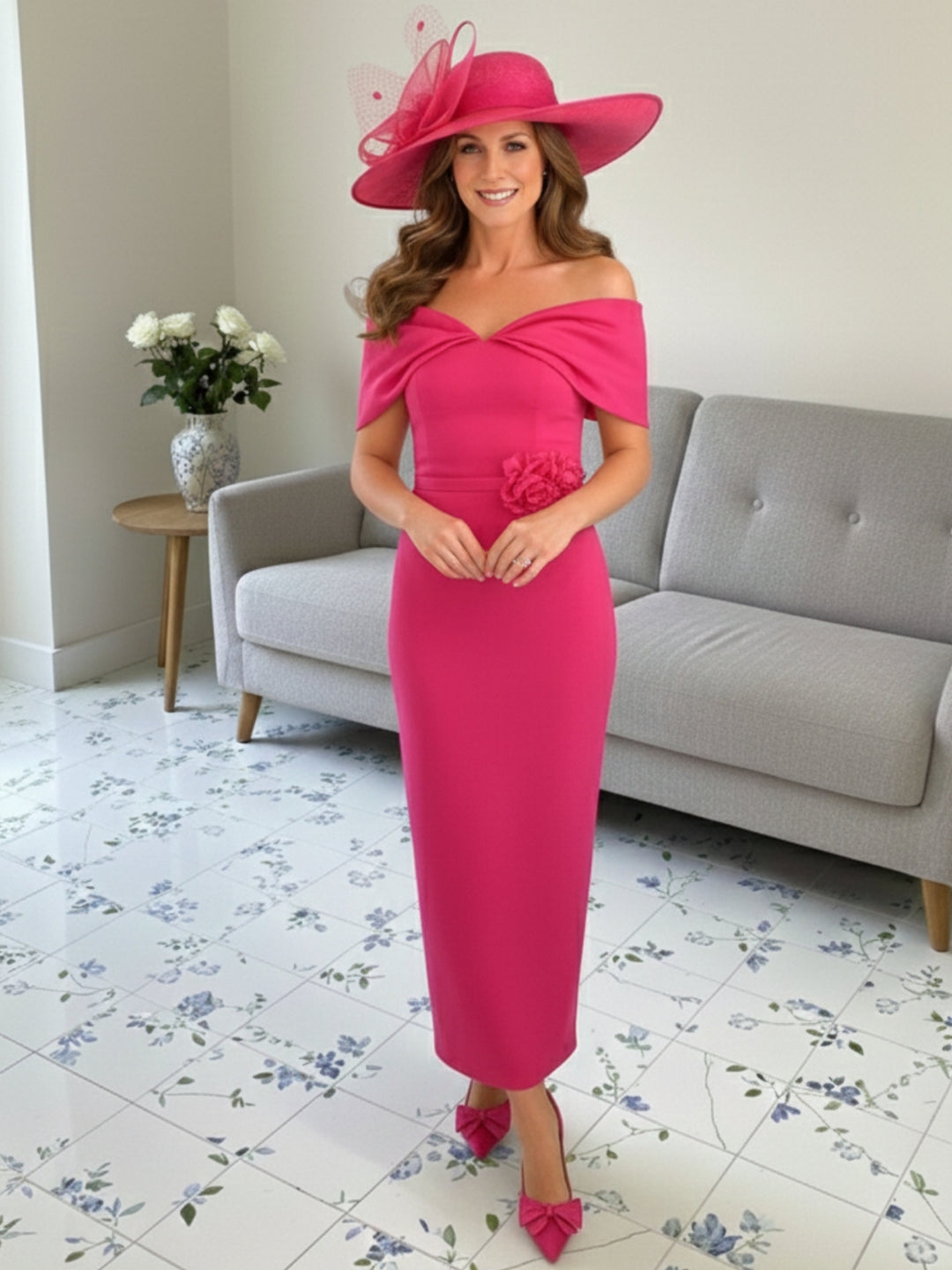 Robes de mère de la mariée coupe gaine/colonne avec manches 1/2, longueur cheville, décolleté off-the-shoulder et fleurs 3D
