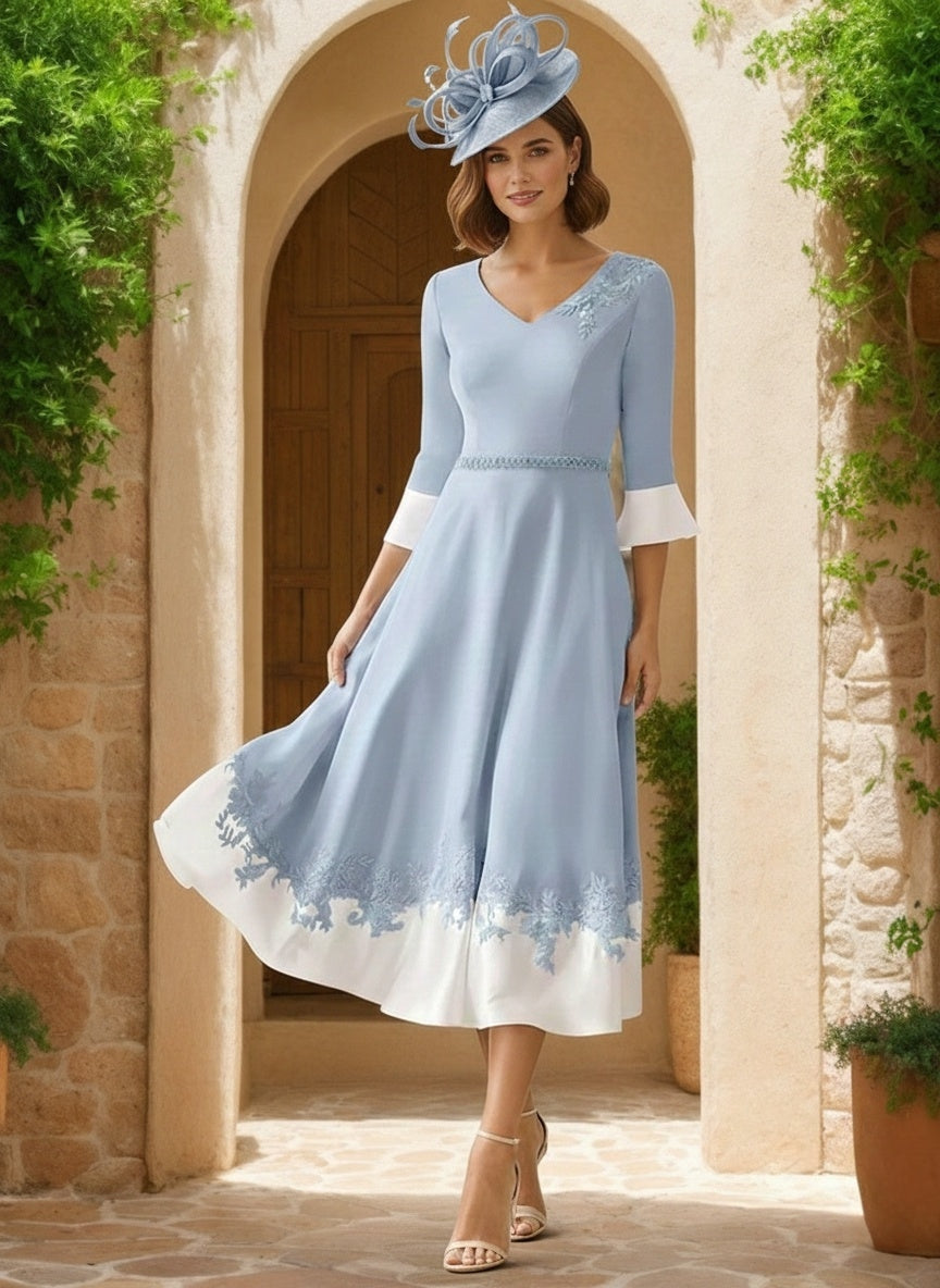 Robe mère de la mariée ligne A, col V, manches 3/4, appliques