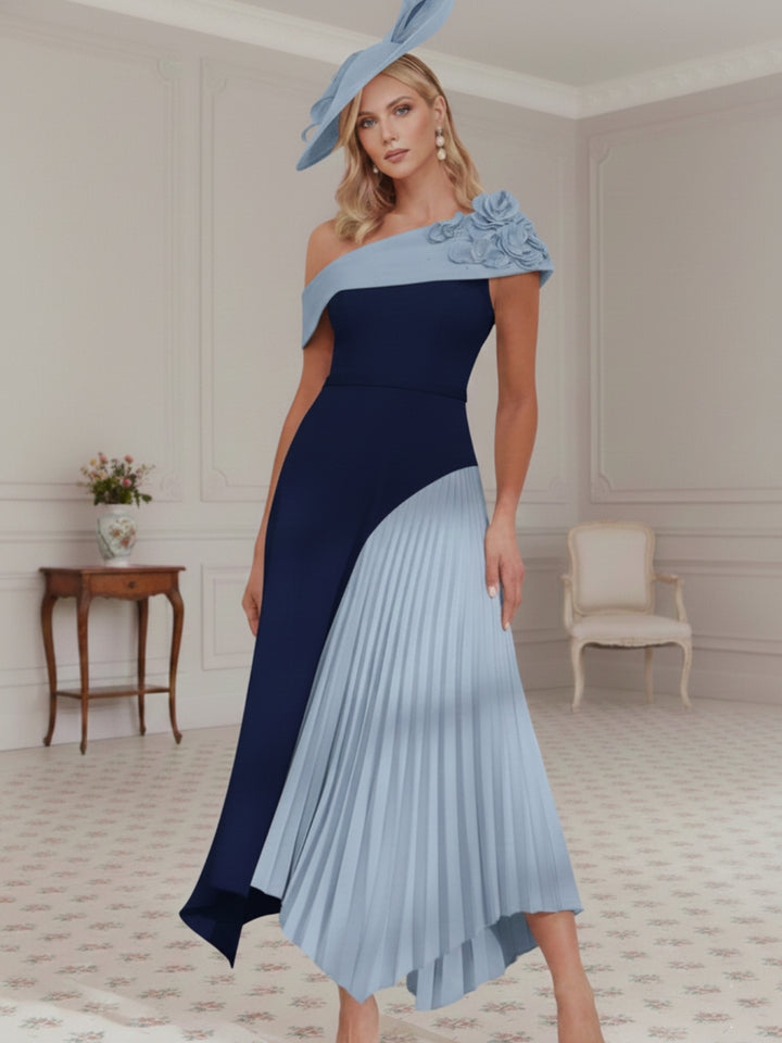 Robe mère de la mariée, Ligne A/Princesse, Une Épaule Nue, Crêpe Élastique, Sans Manches, Longueur du Thé, Plissée, Fleurs 3D