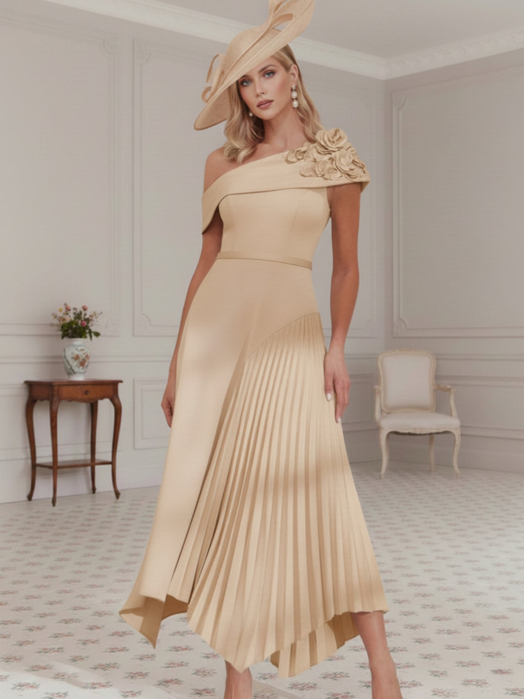 Robe mère de la mariée, Ligne A/Princesse, Une Épaule Nue, Crêpe Élastique, Sans Manches, Longueur du Thé, Plissée, Fleurs 3D
