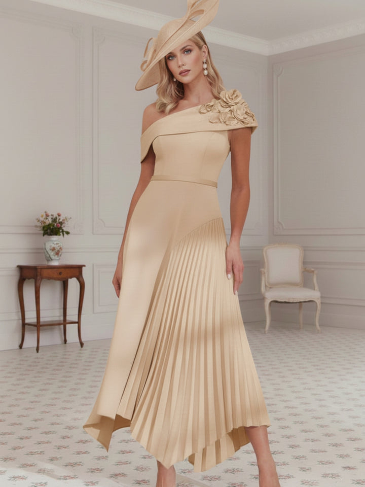 Robe mère de la mariée, Ligne A/Princesse, Une Épaule Nue, Crêpe Élastique, Sans Manches, Longueur du Thé, Plissée, Fleurs 3D