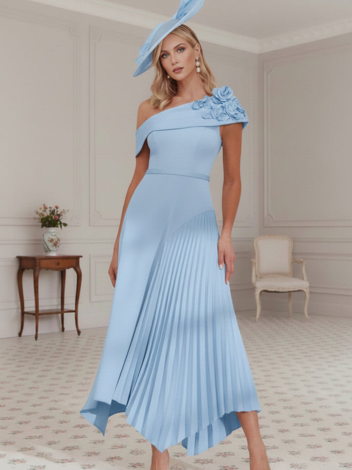 Robe mère de la mariée, Ligne A/Princesse, Une Épaule Nue, Crêpe Élastique, Sans Manches, Longueur du Thé, Plissée, Fleurs 3D
