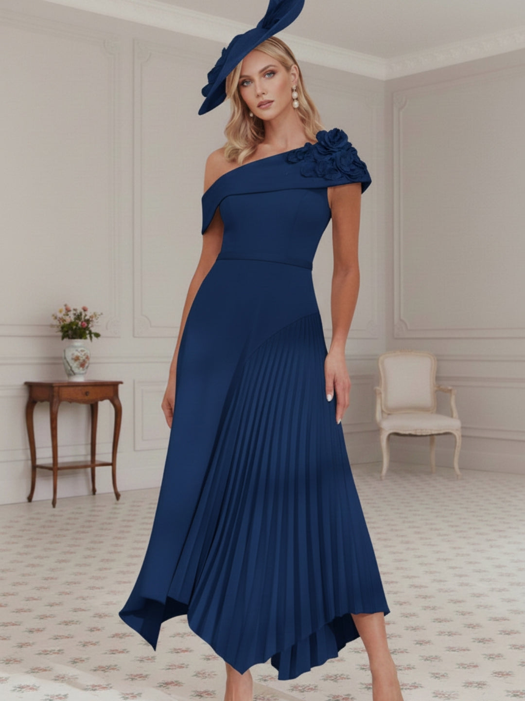 Robe mère de la mariée, Ligne A/Princesse, Une Épaule Nue, Crêpe Élastique, Sans Manches, Longueur du Thé, Plissée, Fleurs 3D