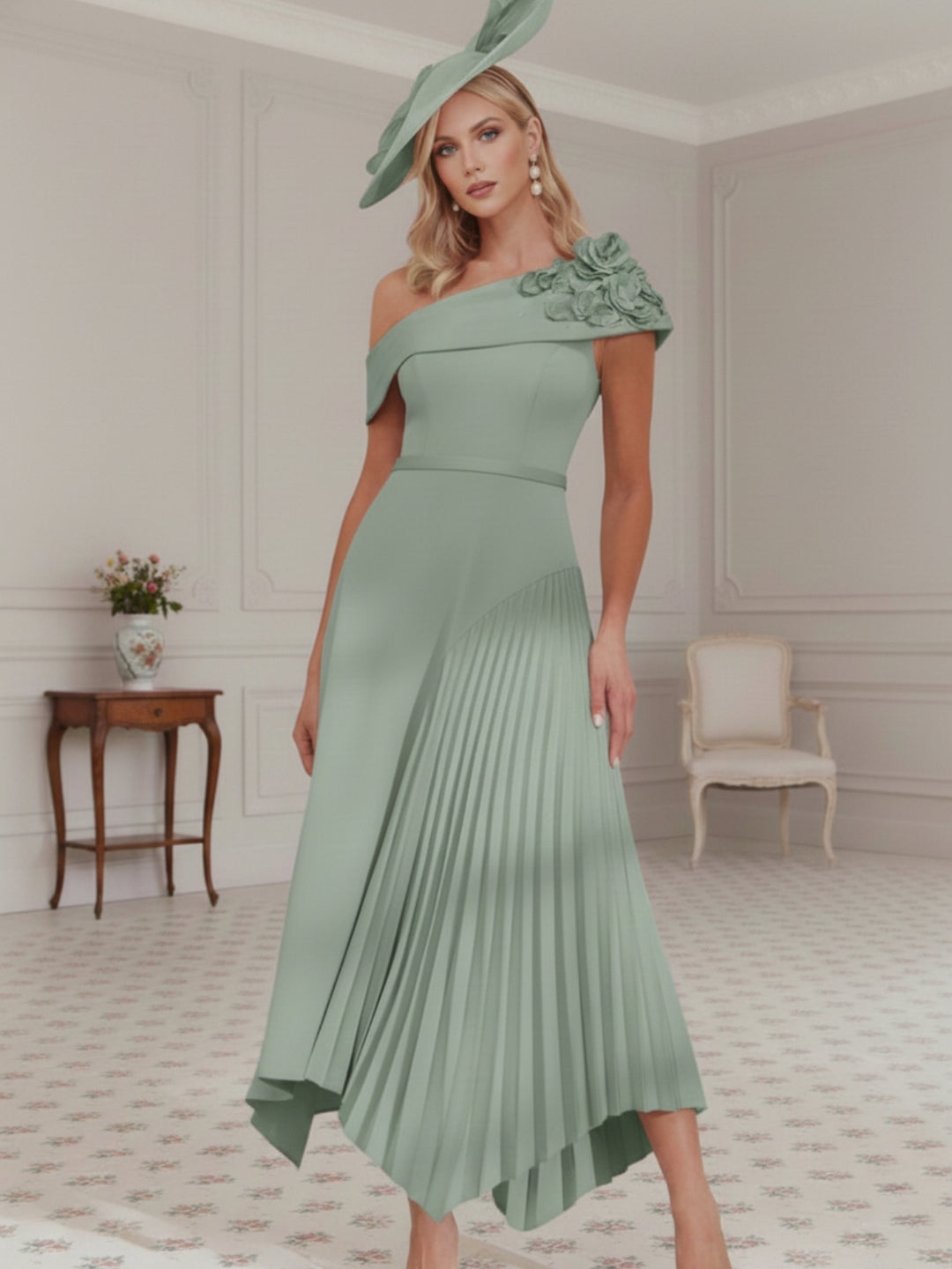 Robe mère de la mariée, Ligne A/Princesse, Une Épaule Nue, Crêpe Élastique, Sans Manches, Longueur du Thé, Plissée, Fleurs 3D