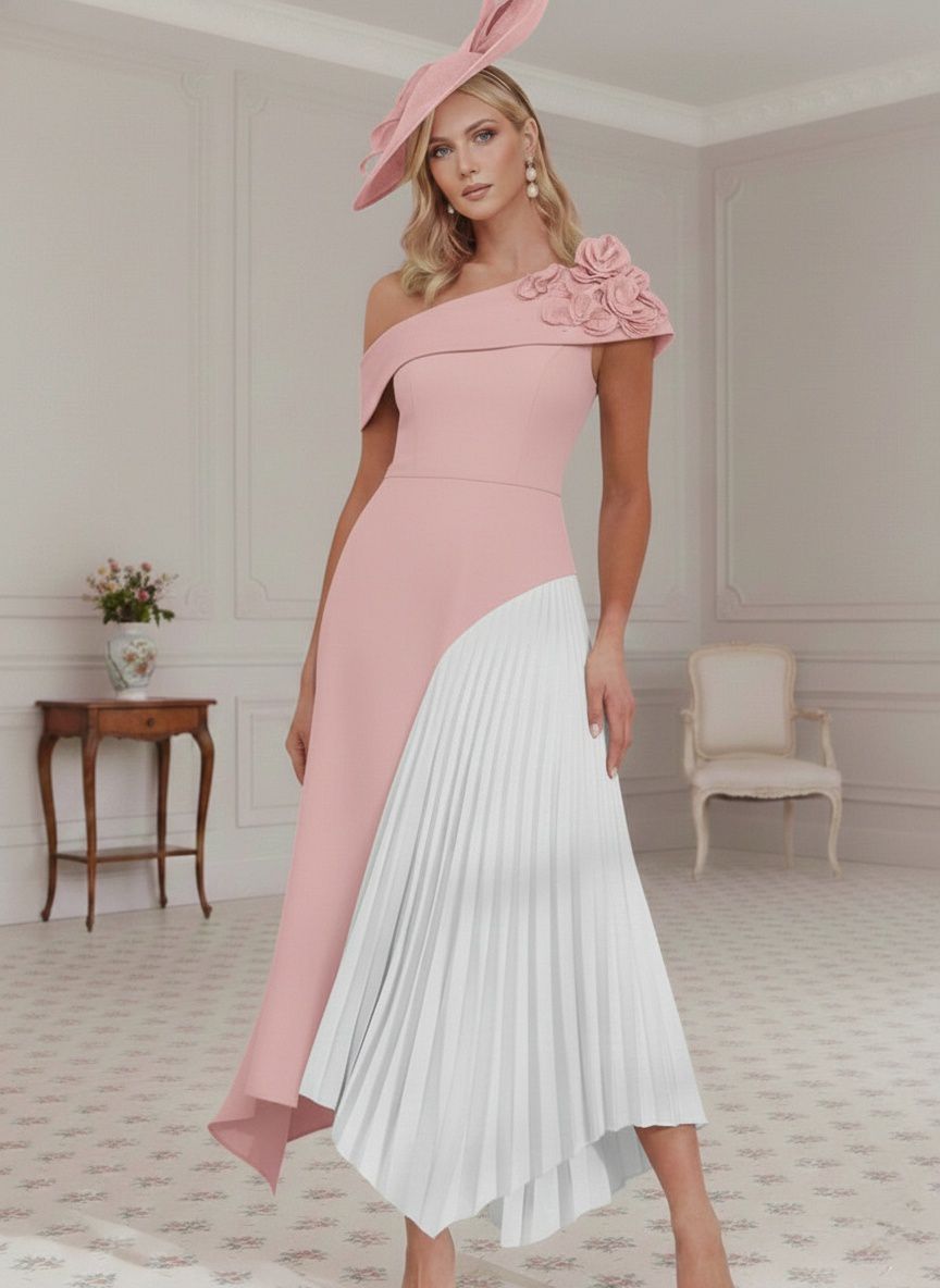 Robe mère de la mariée, Ligne A/Princesse, Une Épaule Nue, Crêpe Élastique, Sans Manches, Longueur du Thé, Plissée, Fleurs 3D