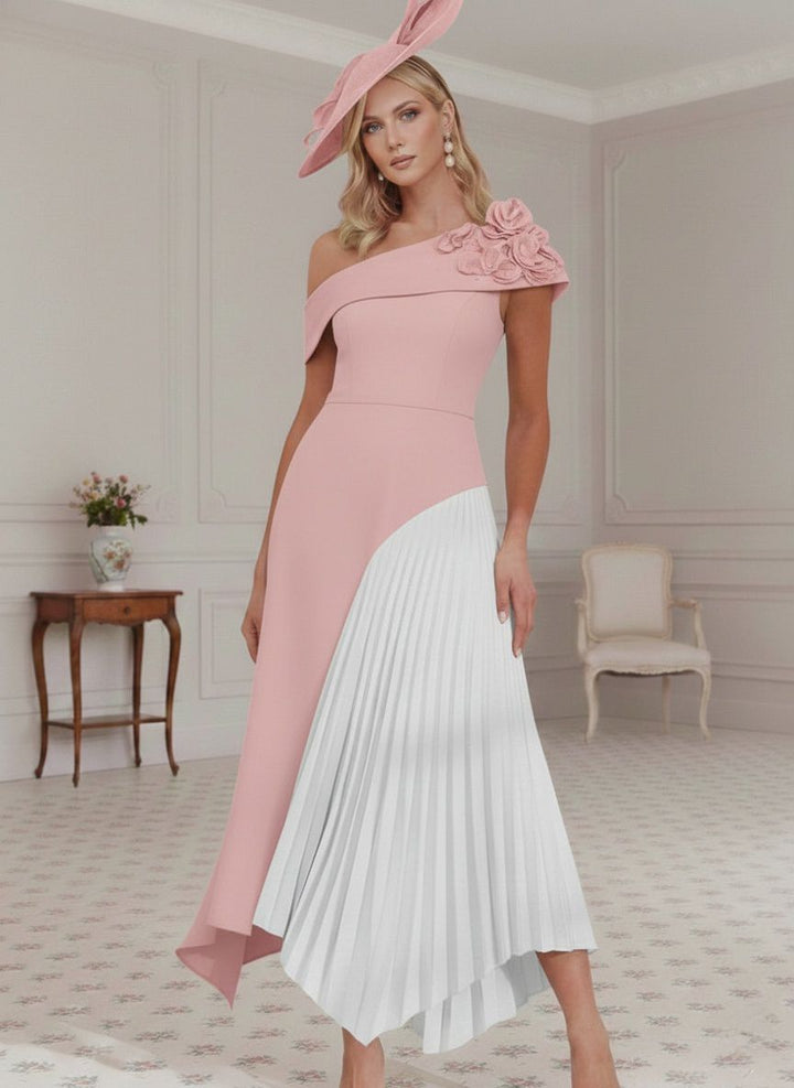 Robe mère de la mariée, Ligne A/Princesse, Une Épaule Nue, Crêpe Élastique, Sans Manches, Longueur du Thé, Plissée, Fleurs 3D