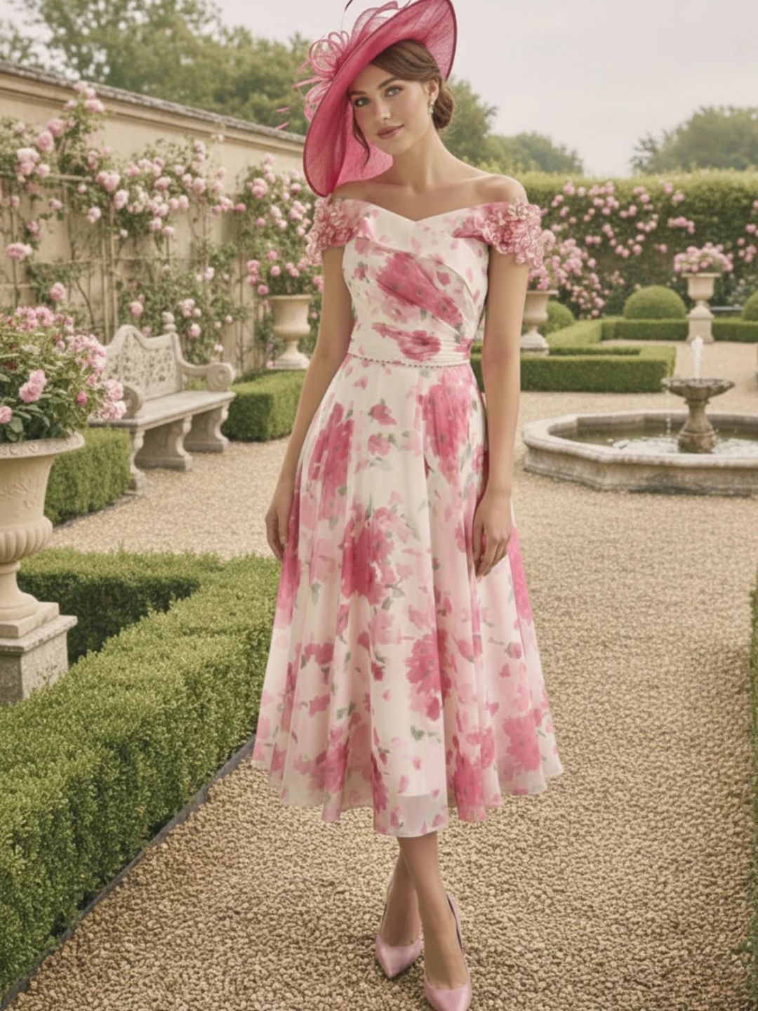 Robe midi mère de la mariée à ligne A et manches tombantes fleuries