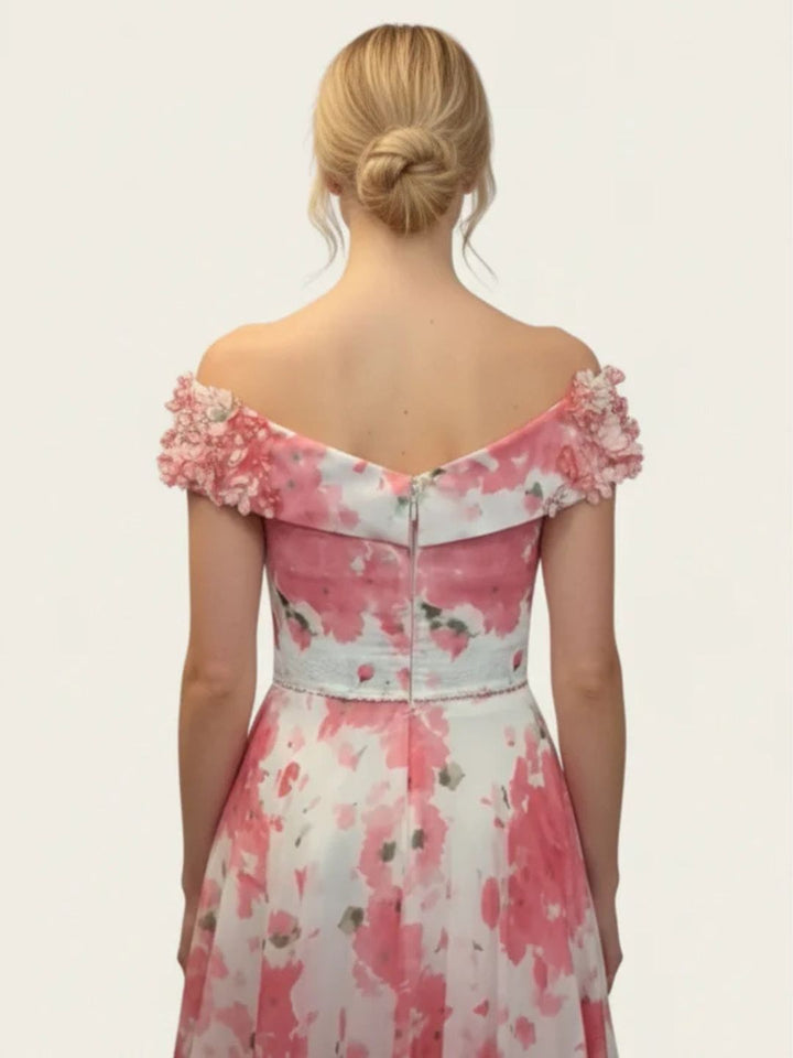 Robe midi mère de la mariée à ligne A et manches tombantes fleuries