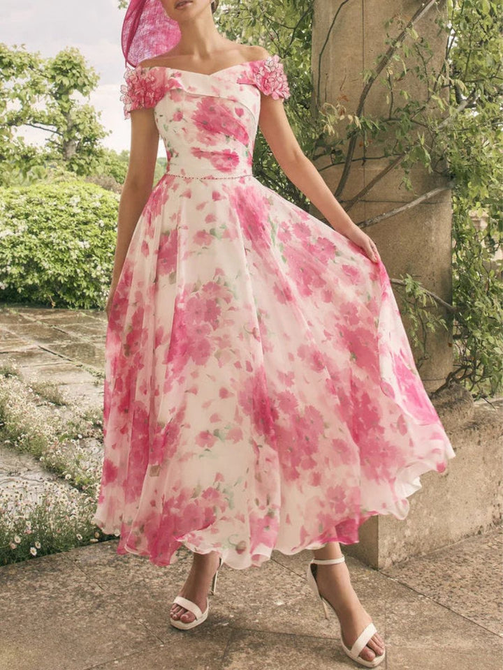 Robe midi mère de la mariée à ligne A et manches tombantes fleuries