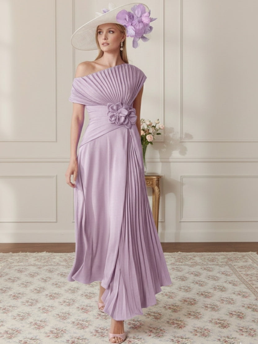 Robe Mère de la Mariée, Ligne A/Princesse, Hors de l'épaule, Crêpe Élastique, Manches Courtes, Plissé, Longueur de la Cheville