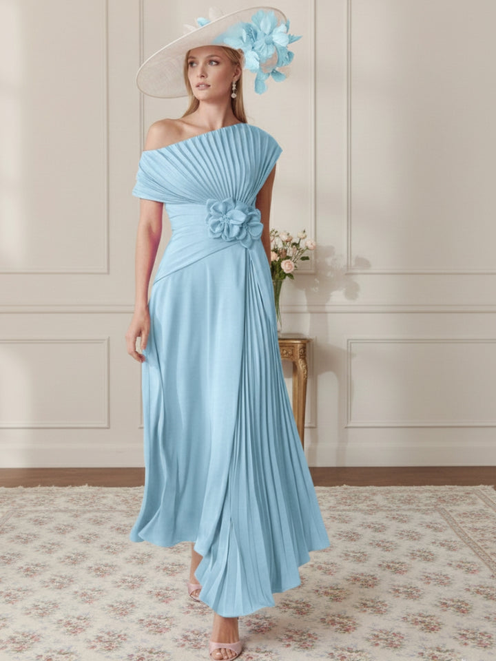 Robe Mère de la Mariée, Ligne A/Princesse, Hors de l'épaule, Crêpe Élastique, Manches Courtes, Plissé, Longueur de la Cheville