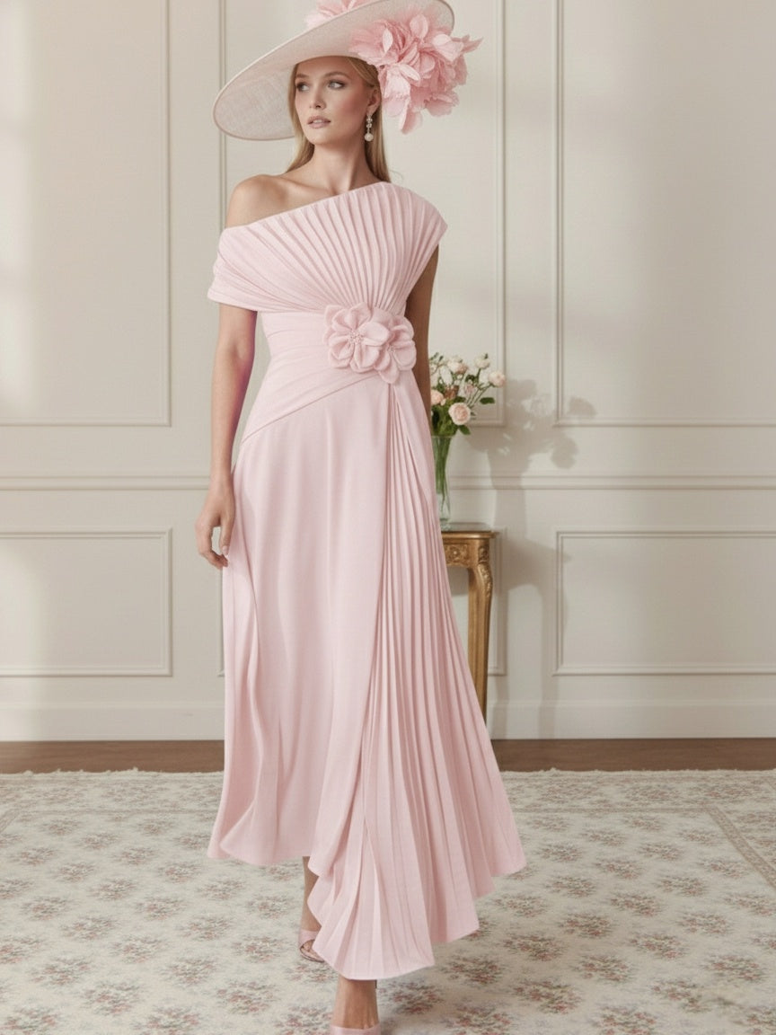 Robe Mère de la Mariée, Ligne A/Princesse, Hors de l'épaule, Crêpe Élastique, Manches Courtes, Plissé, Longueur de la Cheville