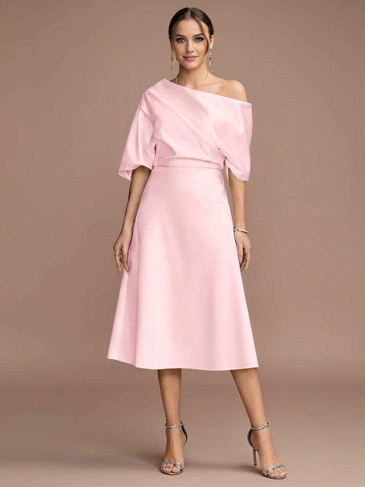 Robe mère de la mariée ligne A, une épaule, manches courtes, longueur midi, volants