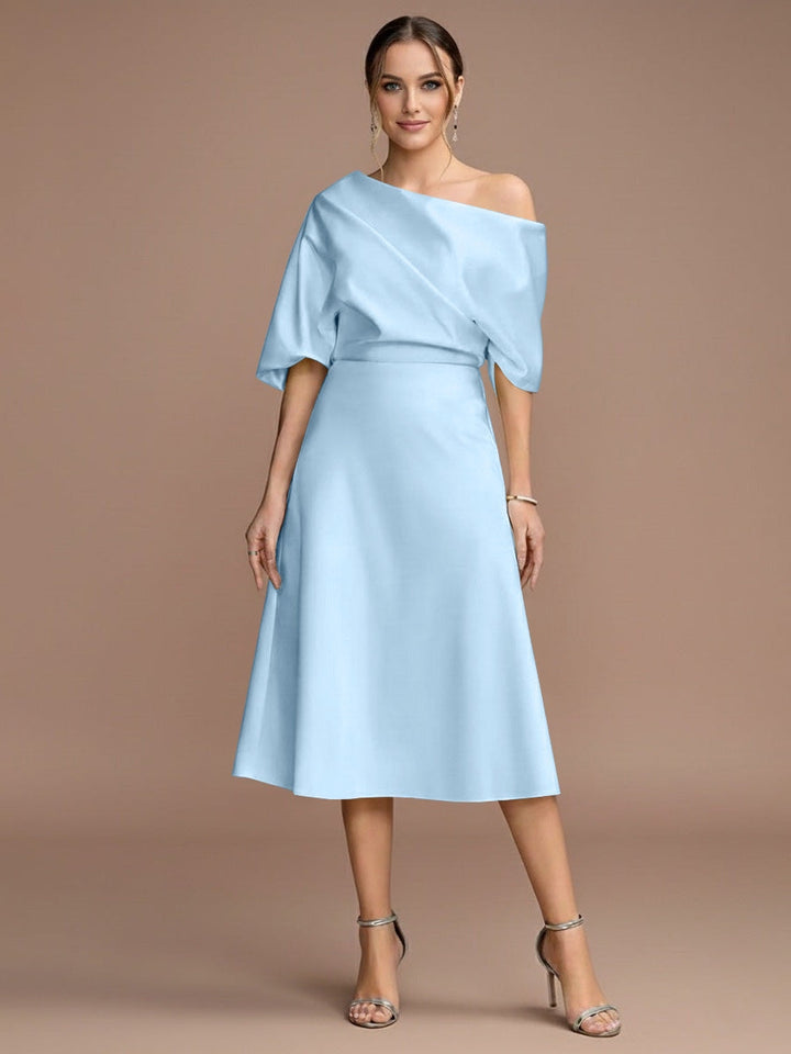 Robe mère de la mariée ligne A, une épaule, manches courtes, longueur midi, volants