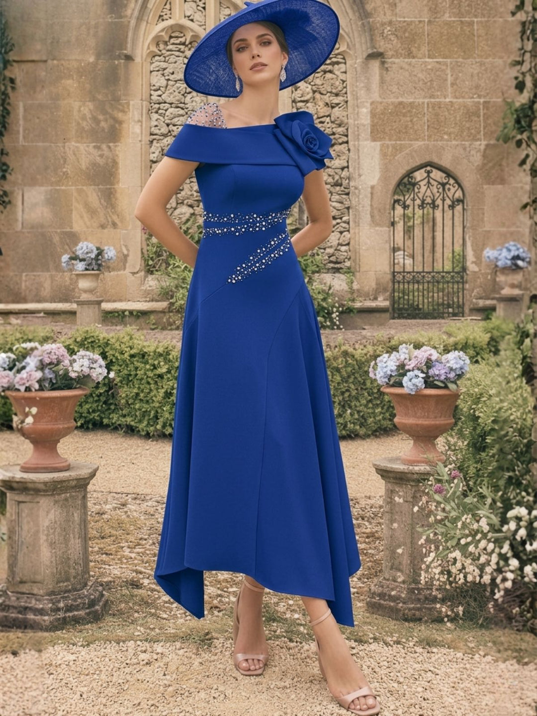 Robes pour mère de la mariée, coupe A ou princesse, longueur cheville, asymétriques, avec fleurs 3D