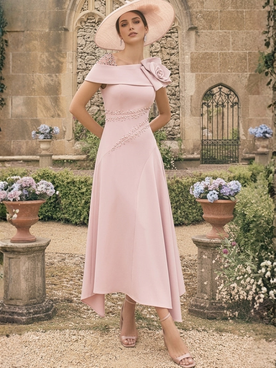 Robes pour mère de la mariée, coupe A ou princesse, longueur cheville, asymétriques, avec fleurs 3D
