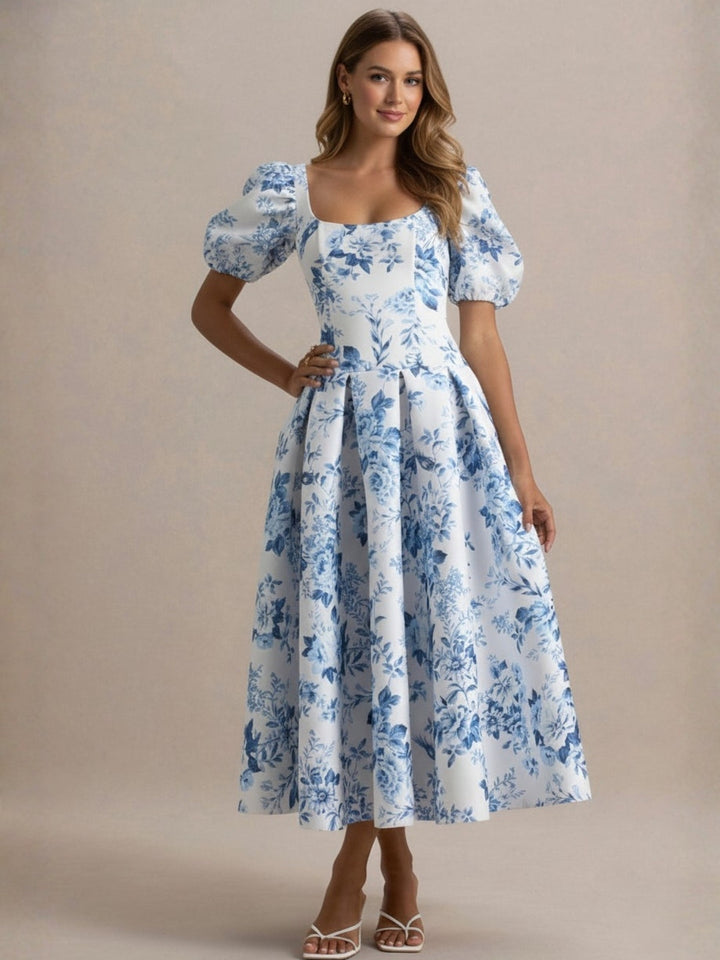 Robe mère de la mariée ligne A, col carré, manches bouffantes, longueur midi, imprimé floral et plissé
