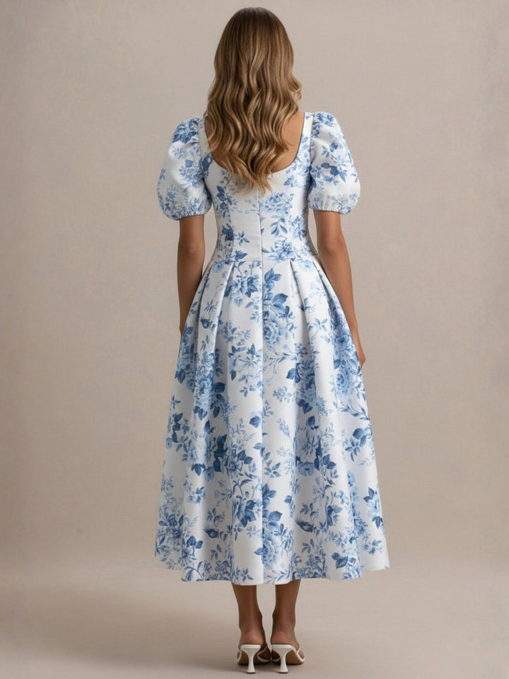 Robe mère de la mariée ligne A, col carré, manches bouffantes, longueur midi, imprimé floral et plissé
