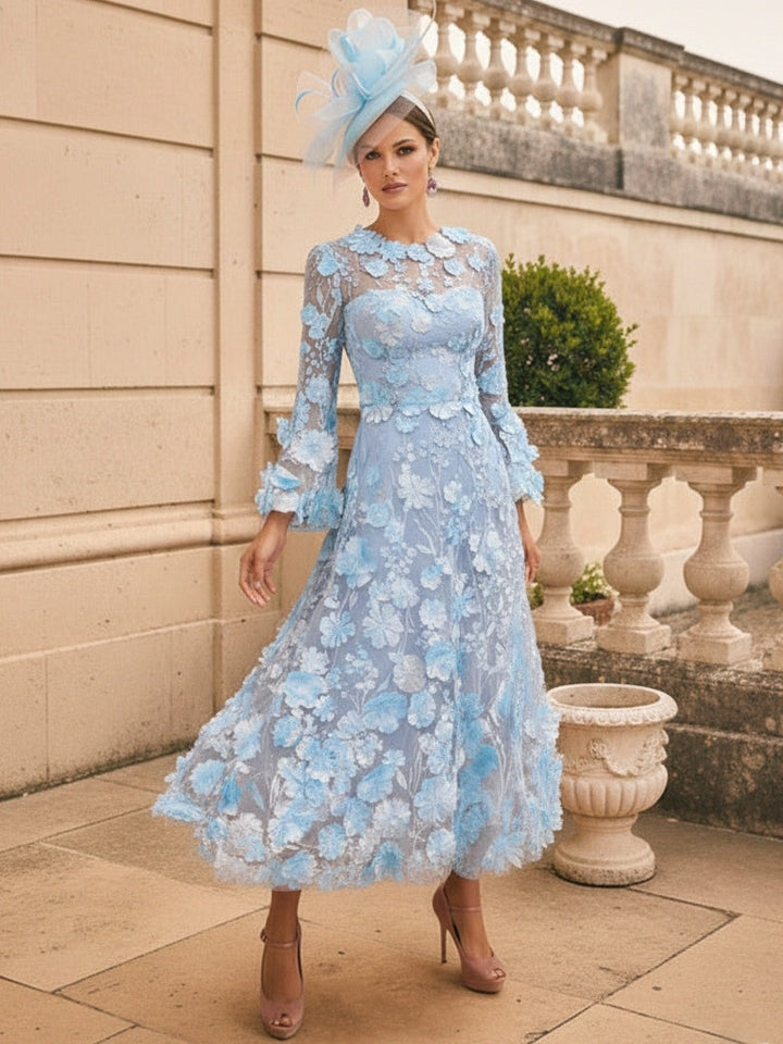 Robe mère de la mariée ligne A, col rond, manches longues, longueur midi, appliques