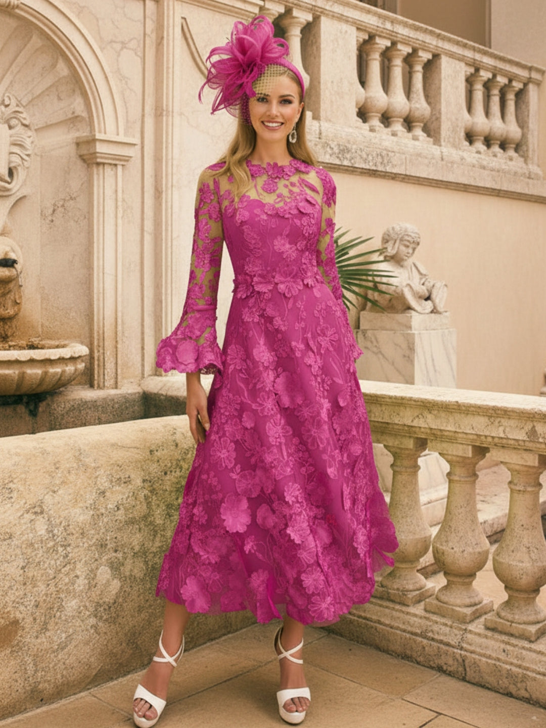 Robe mère de la mariée ligne A, col rond, manches longues, longueur midi, appliques