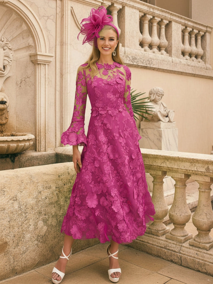 Robe mère de la mariée ligne A, col rond, manches longues, longueur midi, appliques