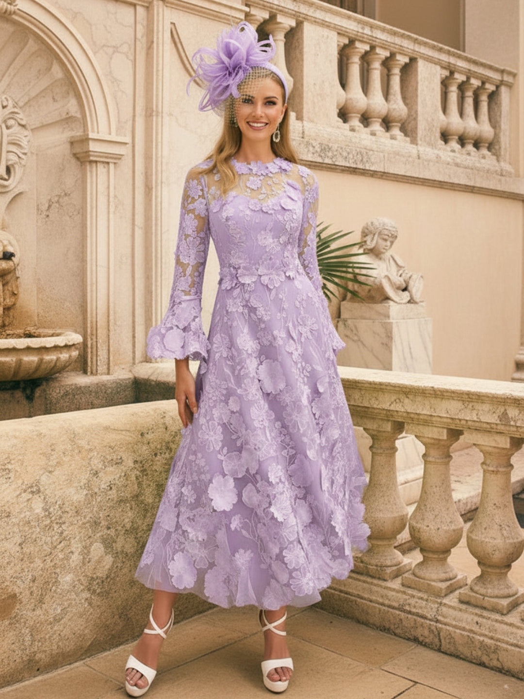 Robe mère de la mariée ligne A, col rond, manches longues, longueur midi, appliques