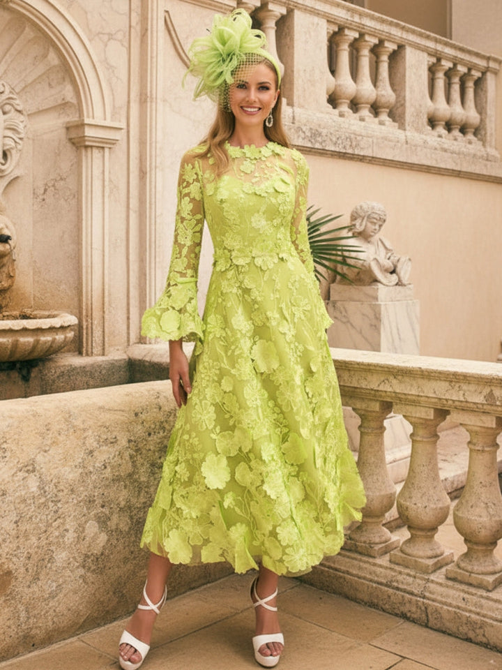 Robe mère de la mariée ligne A, col rond, manches longues, longueur midi, appliques