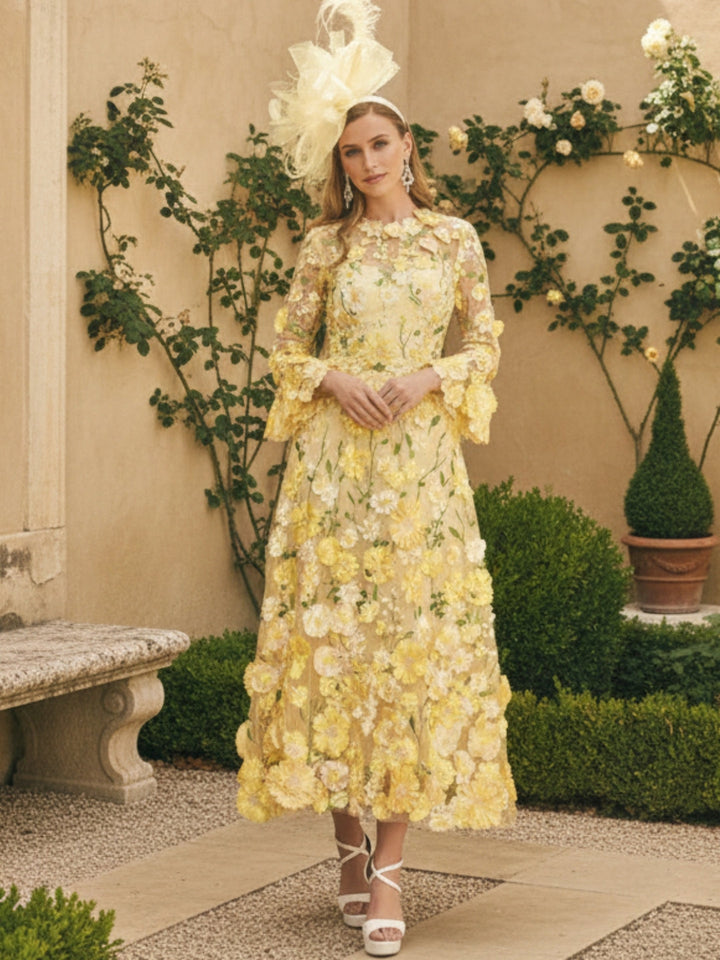 Robe mère de la mariée ligne A, col rond, manches longues, longueur midi, appliques