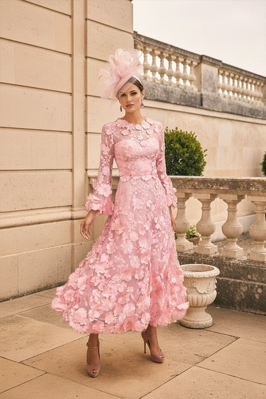 Robe mère de la mariée ligne A, col rond, manches longues, longueur midi, appliques