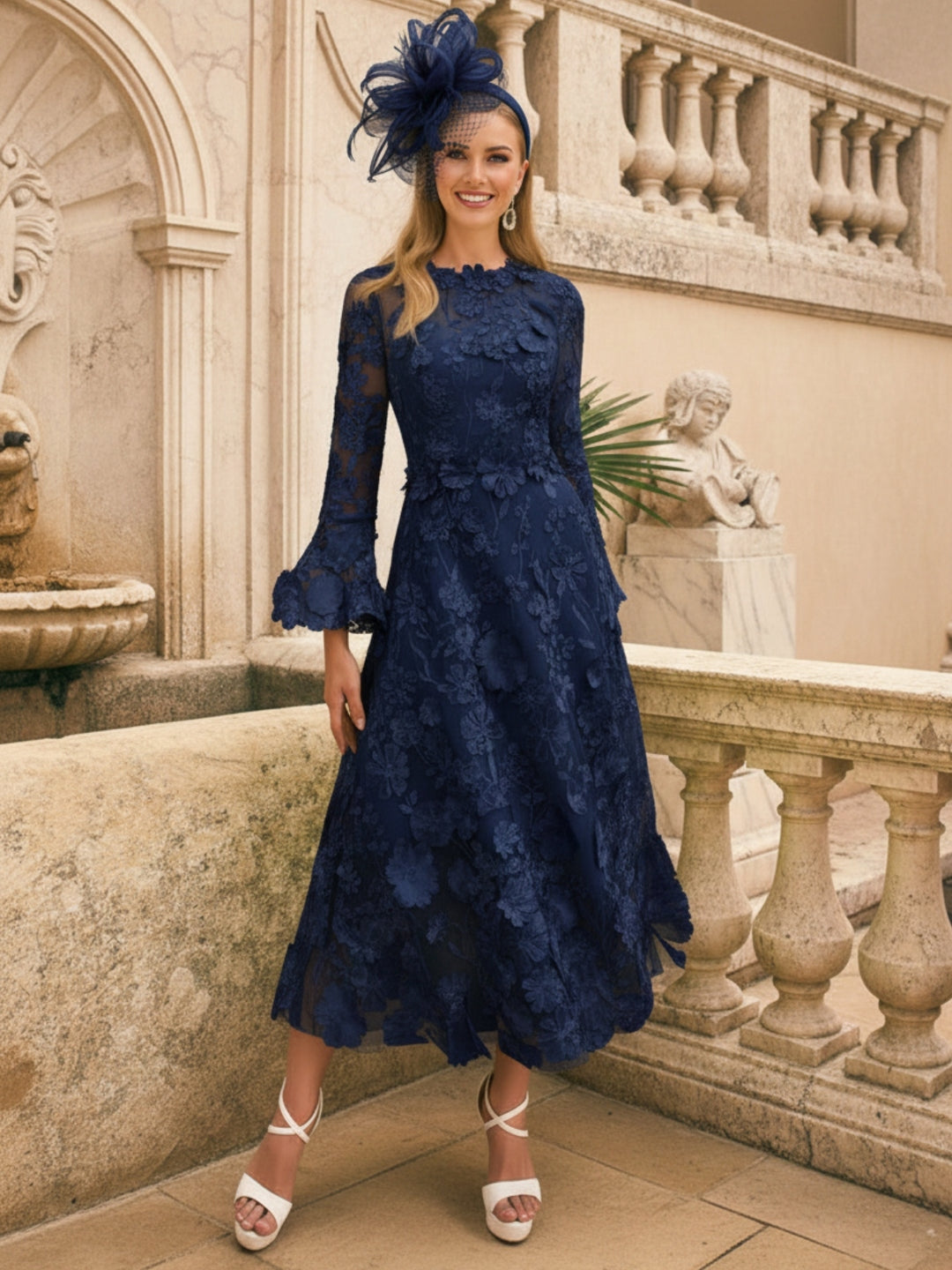 Robe mère de la mariée ligne A, col rond, manches longues, longueur midi, appliques