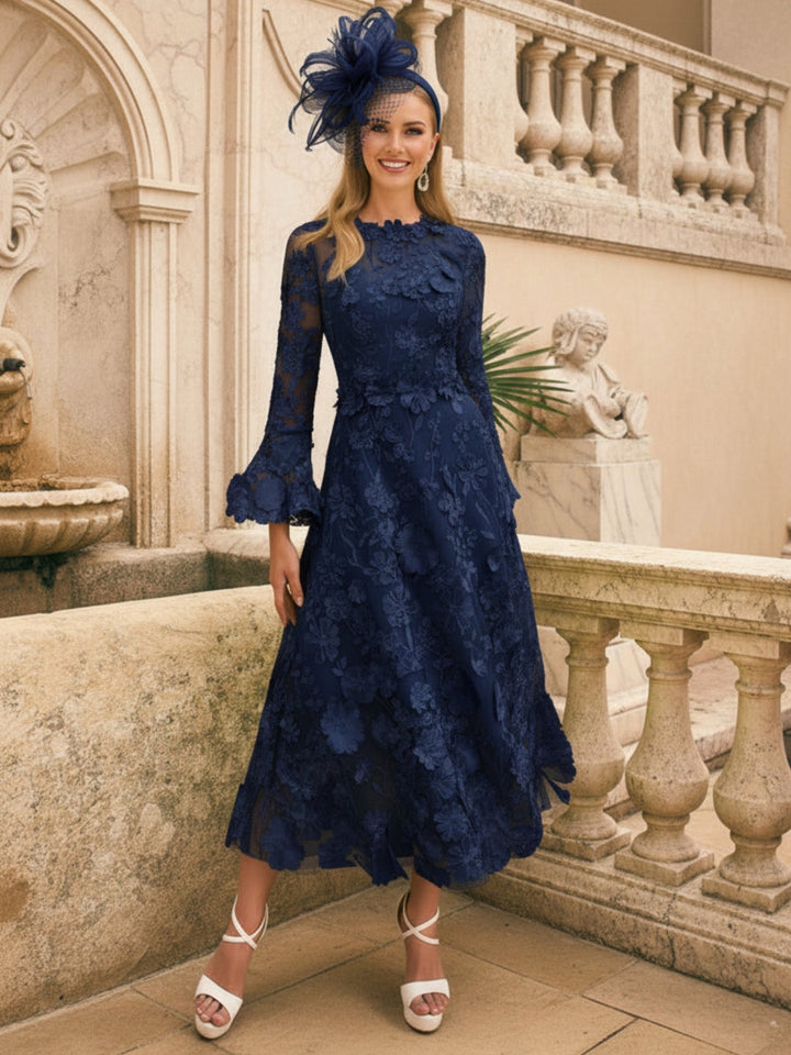 Robe mère de la mariée ligne A, col rond, manches longues, longueur midi, appliques